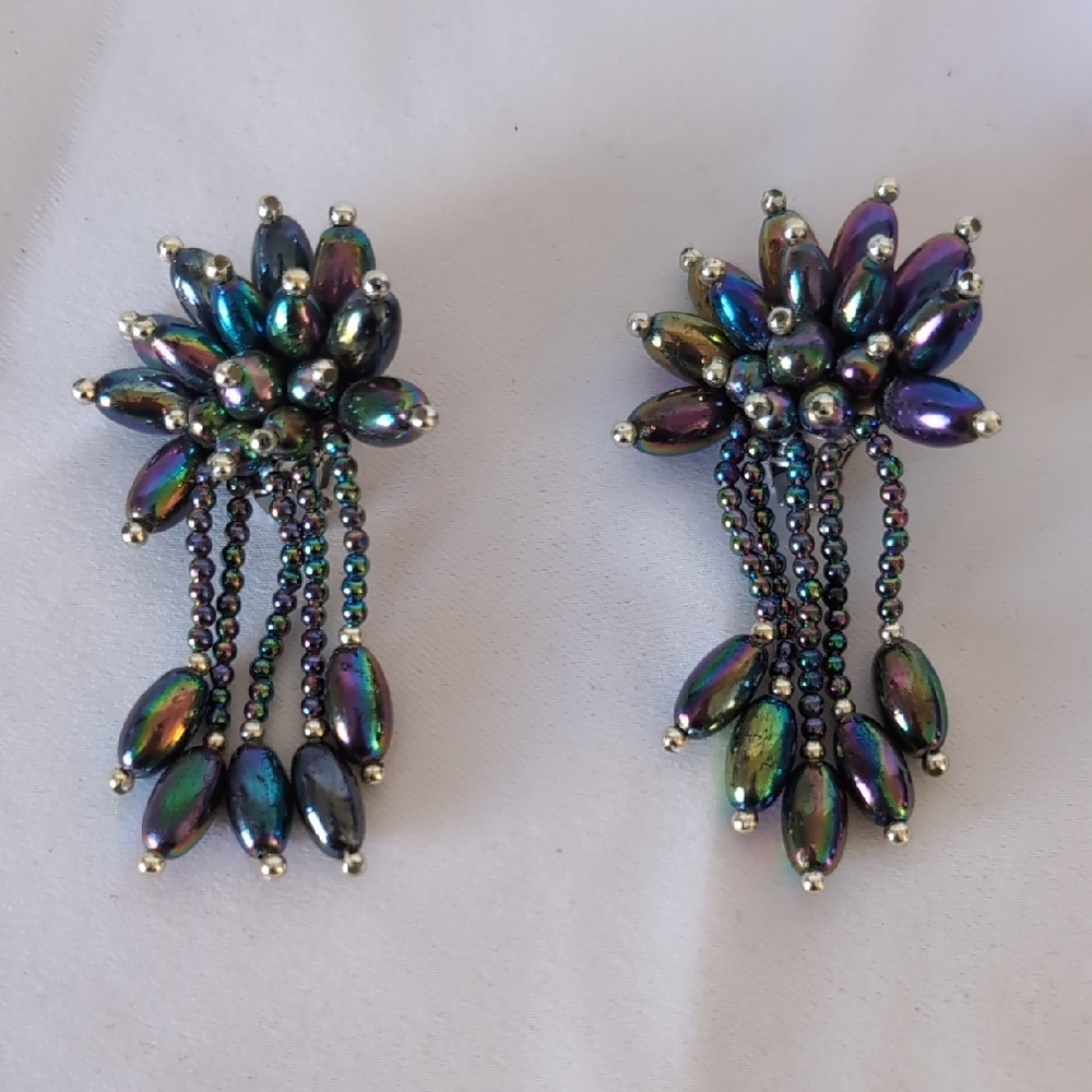 Vtg Peacock Iridescent Clip On Earrings